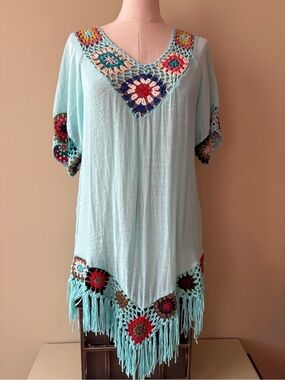 King Light Blue Crochet-Trim Women's Tunic with Fringe XL